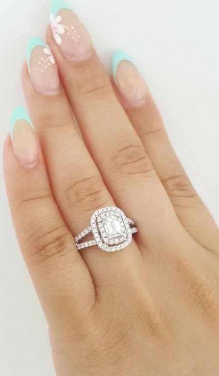 Emerald Diamond Double Halo Split Shank Engagement Ring 1.4 ct Platinum Rtl $7K