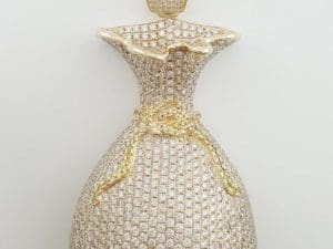 Money Bag Pave Diamond Pendant 15 ct 14k Gold 78.3 Grams 3.26" Retail $30K