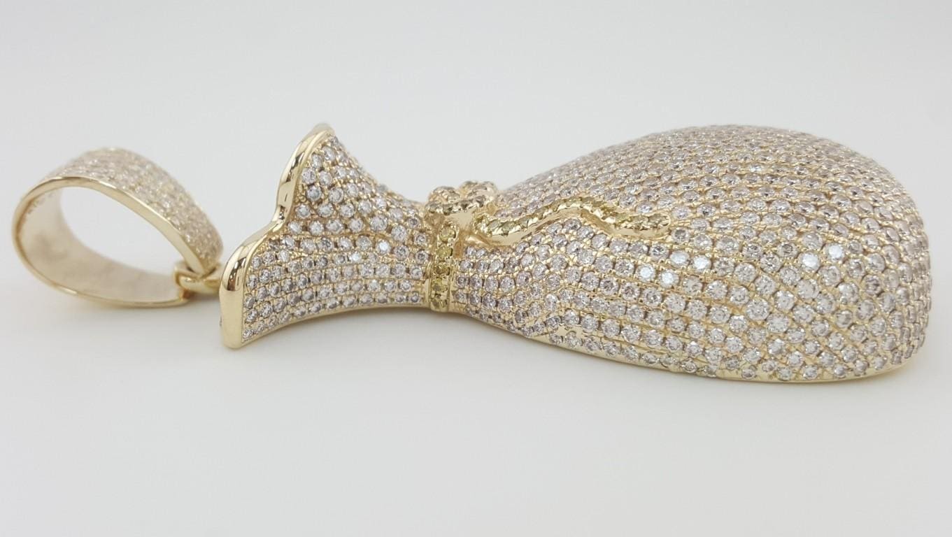 Money Bag Pave Diamond Pendant 15 ct 14k Gold 78.3 Grams 3.26" Retail $30K