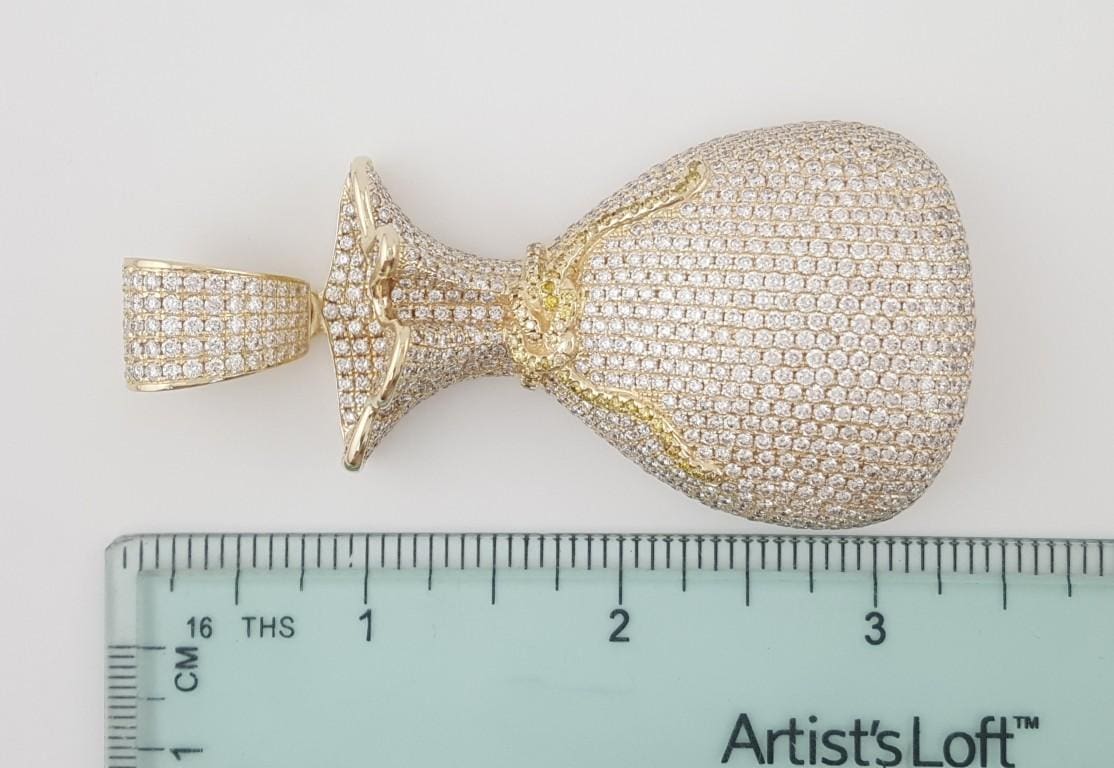 Money Bag Pave Diamond Pendant 15 ct 14k Gold 78.3 Grams 3.26" Retail $30K