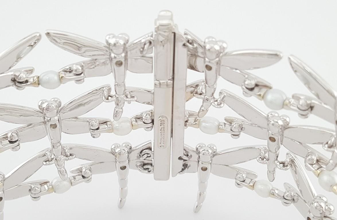 Tiffany & Co. Dragonfly Diamond Pearl Bracelet 18K W Gold 2.3 ct 67.7 Grams