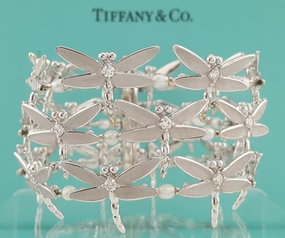 Tiffany & Co. Dragonfly Diamond Pearl Bracelet 18K W Gold 2.3 ct 67.7 Grams
