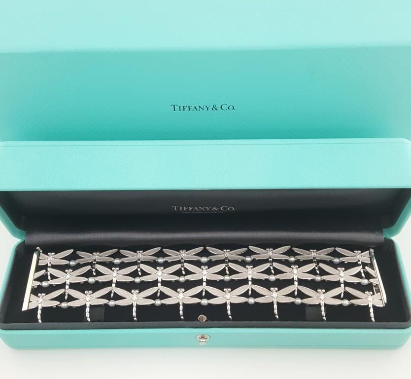 Tiffany & Co. Dragonfly Diamond Pearl Bracelet 18K W Gold 2.3 ct 67.7 Grams