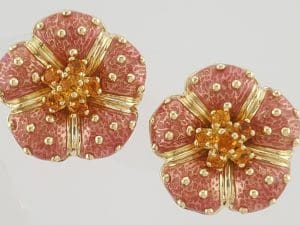 Hidalgo Pink Enamel Flower Omega Back Earrings 18k Yellow Gold 22.8 mm 21 Grams
