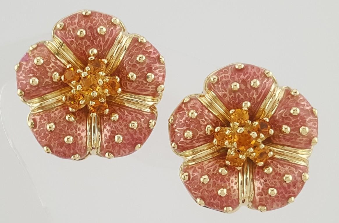 Hidalgo Pink Enamel Flower Omega Back Earrings 18k Yellow Gold 22.8 mm 21 Grams