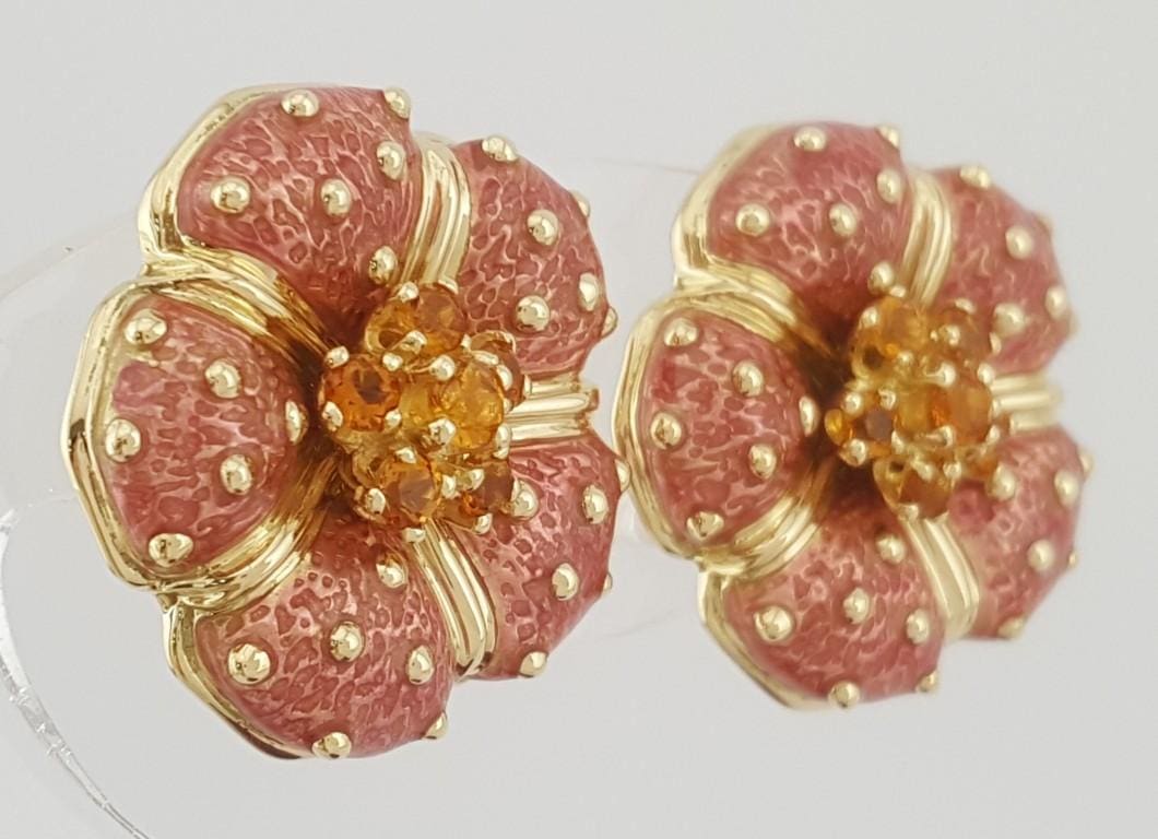 Hidalgo Pink Enamel Flower Omega Back Earrings 18k Yellow Gold 22.8 mm 21 Grams