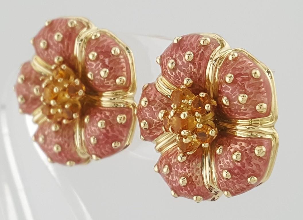 Hidalgo Pink Enamel Flower Omega Back Earrings 18k Yellow Gold 22.8 mm 21 Grams