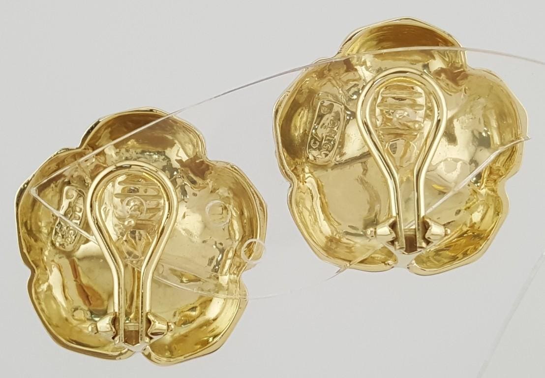 Hidalgo Pink Enamel Flower Omega Back Earrings 18k Yellow Gold 22.8 mm 21 Grams
