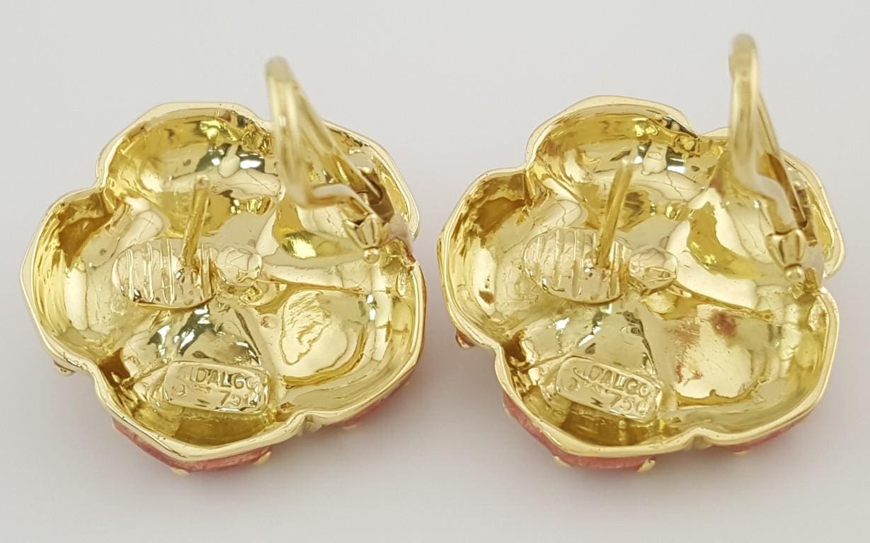 Hidalgo Pink Enamel Flower Omega Back Earrings 18k Yellow Gold 22.8 mm 21 Grams