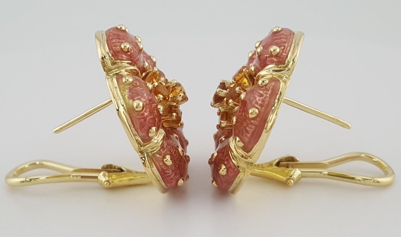 Hidalgo Pink Enamel Flower Omega Back Earrings 18k Yellow Gold 22.8 mm 21 Grams